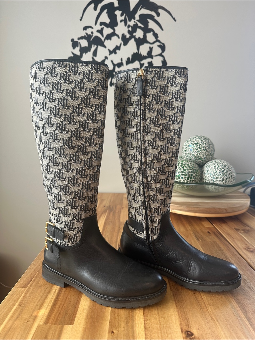 Ralph Lauren Black Leather & Ivory RL Monogram Tall Riding Boots